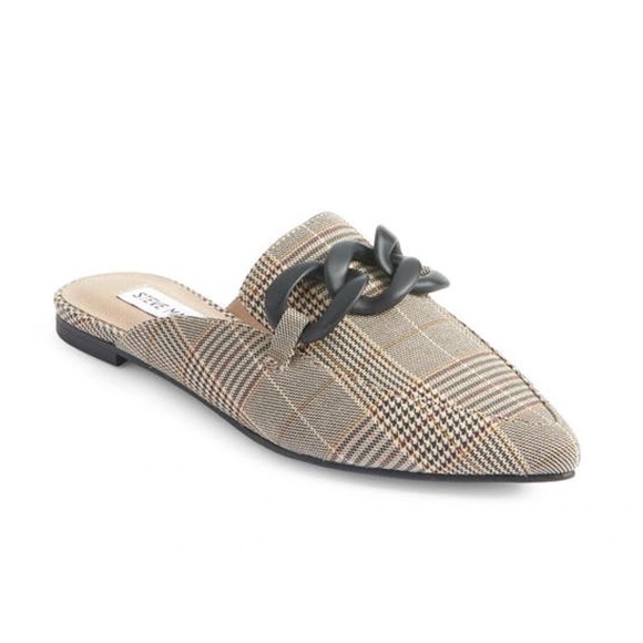 Steve Madden Shoes - STEVE MADDEN Fleur Pointed Toe Mules Tan Plaid Chunky Black Chain Detail | 7